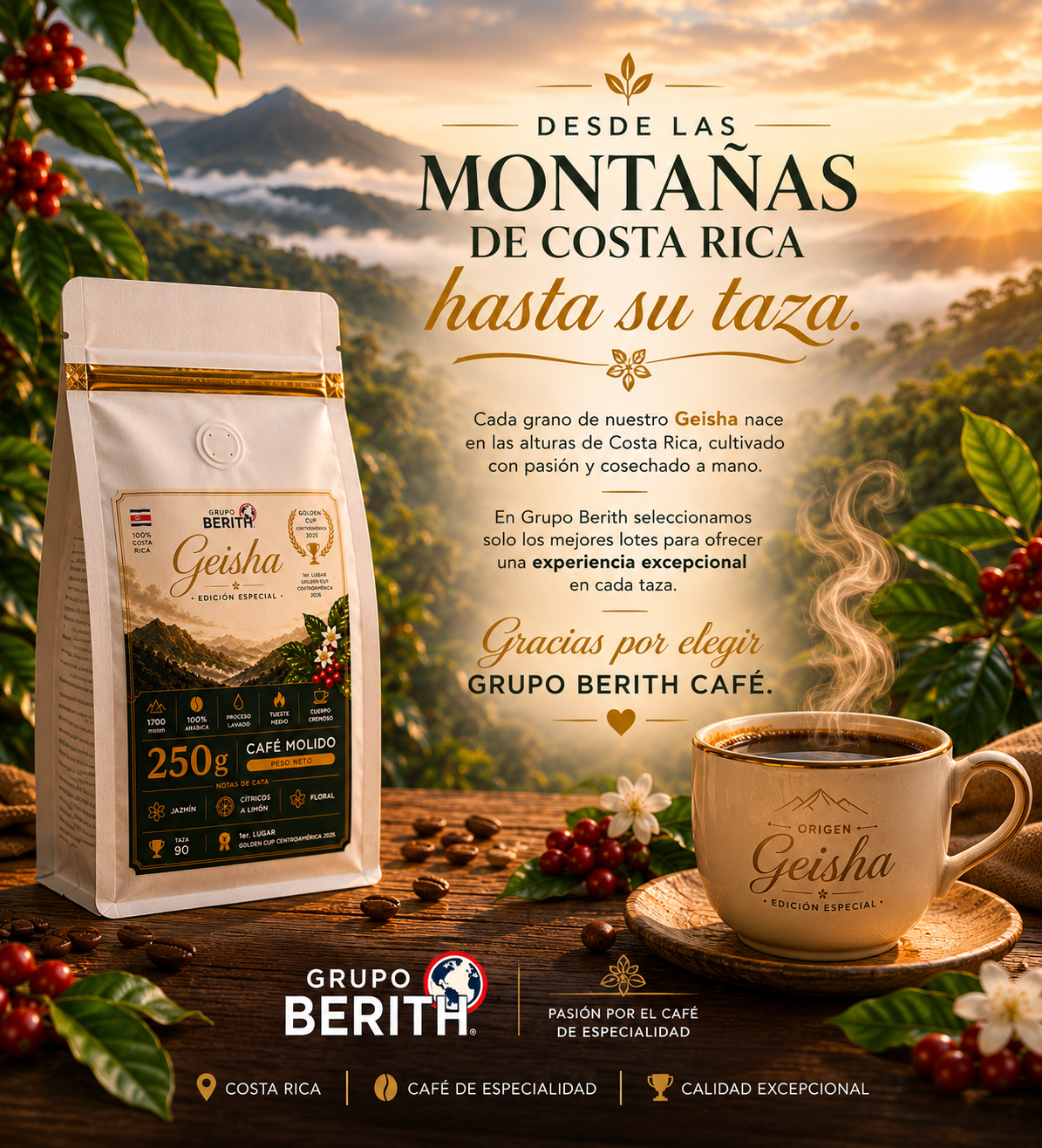 Café Geisha Edición Especial de GrupoBerith, ganador del Golden Cup Centroamérica 2025, en paquete de agradecimiento.