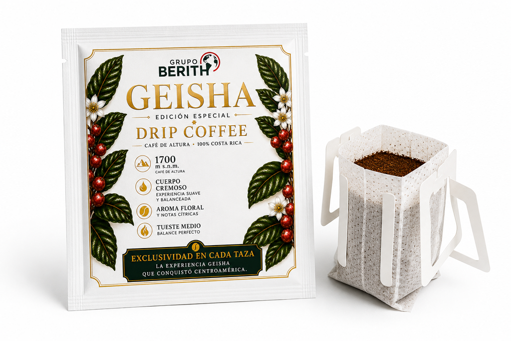 Paquete de café Geisha de GrupoBerith, kit de 12 gotas de café premium para oficina, con taza y cápsulas de café.
