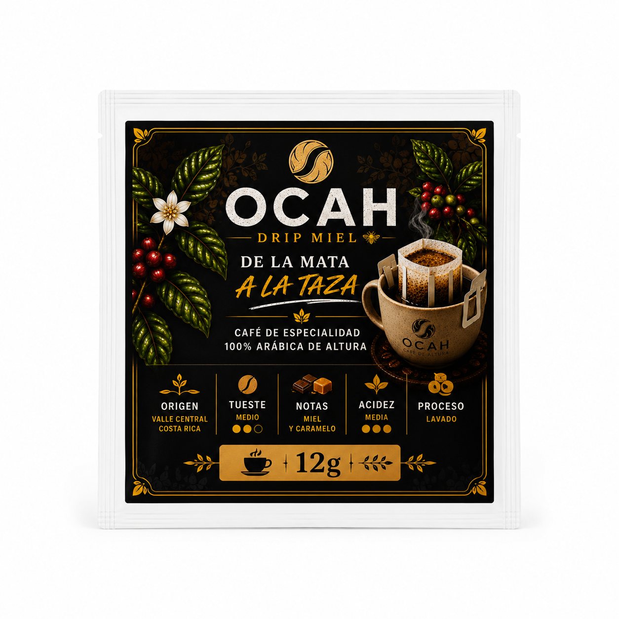 Café de goteo honey de la marca GrupoBerith, en paquete para oficina OCAH-Geisha, kit de café corporativo premium con 12 unidades.
