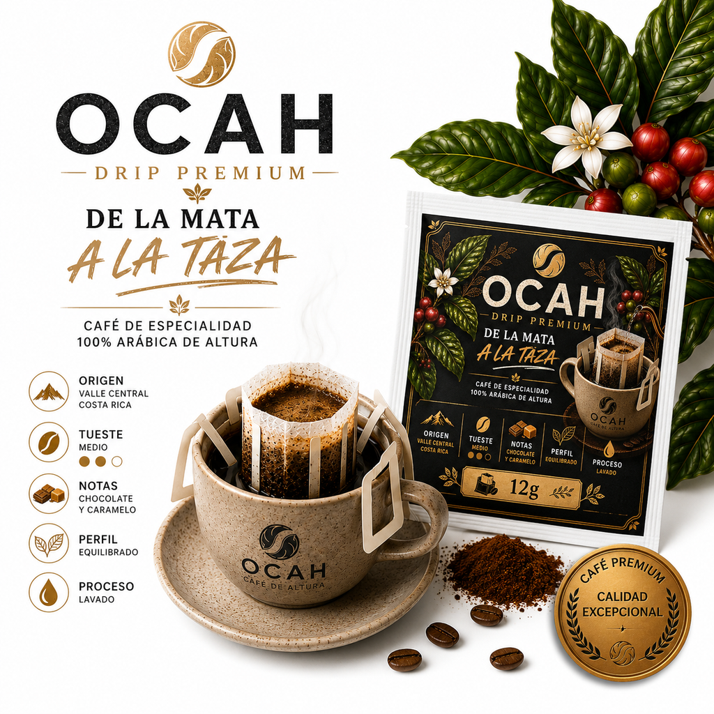 Filtros de café individuales OCAH Premium para Drip Coffee, de la marca GrupoBerith, con taza de 85 ml en la imagen.