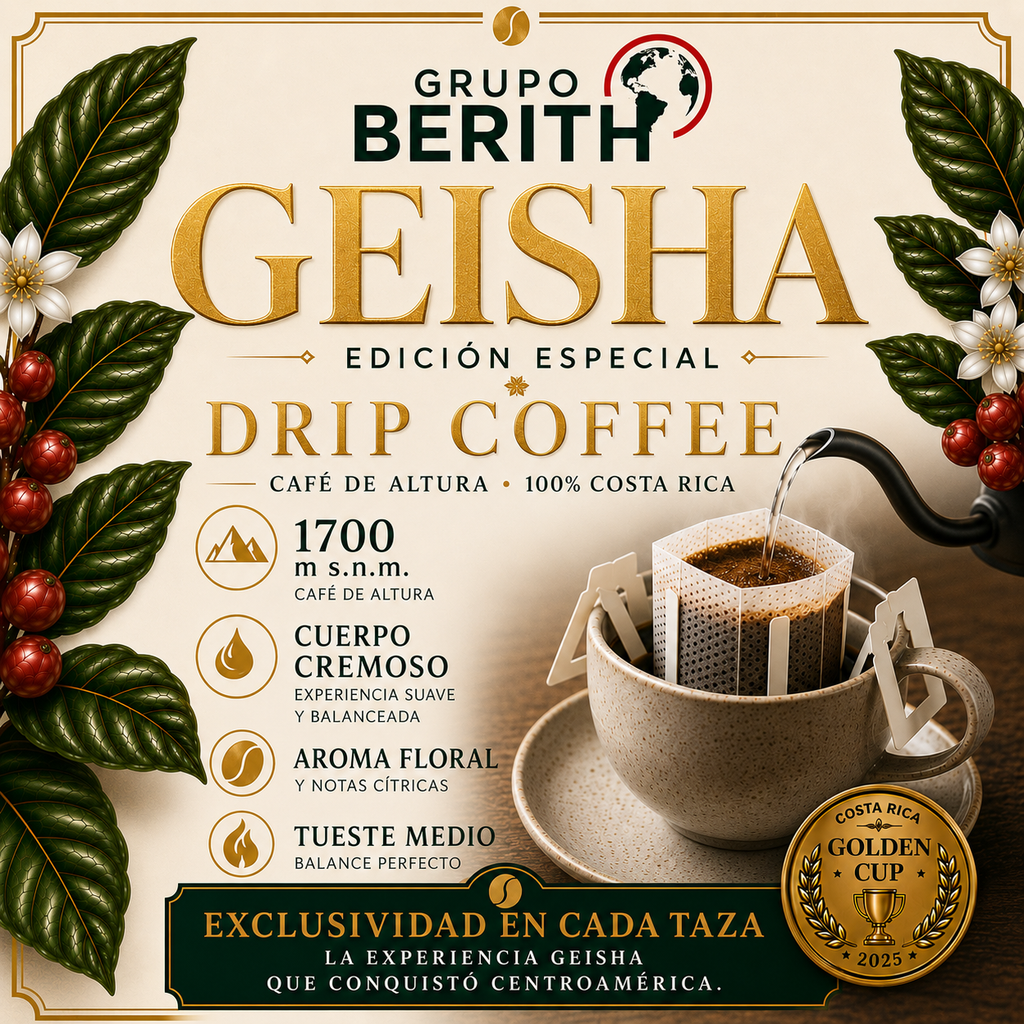 Etiqueta de café Geisha de alta gama de GrupoBerith, con diseño elegante y detalles de la experiencia de lujo completo.