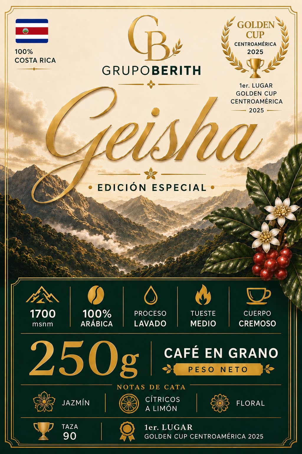 Paquete de café Geisha de alta gama de GrupoBerith, con etiqueta que muestra los granos de café premium y miel.