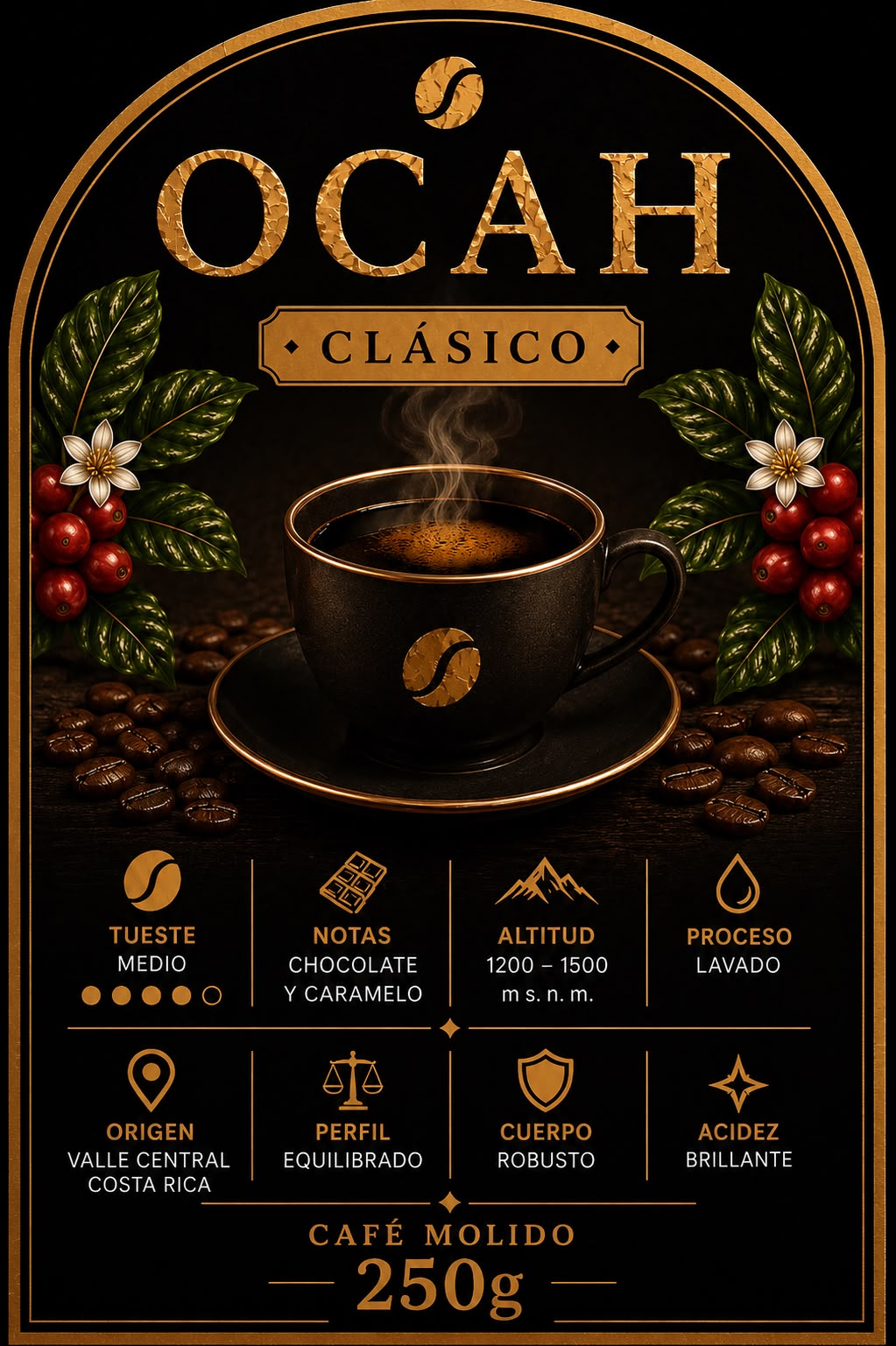 Paquete de café OCAH de GrupoBerith, clásico, premium y miel, con etiqueta visible y molido en la imagen.
