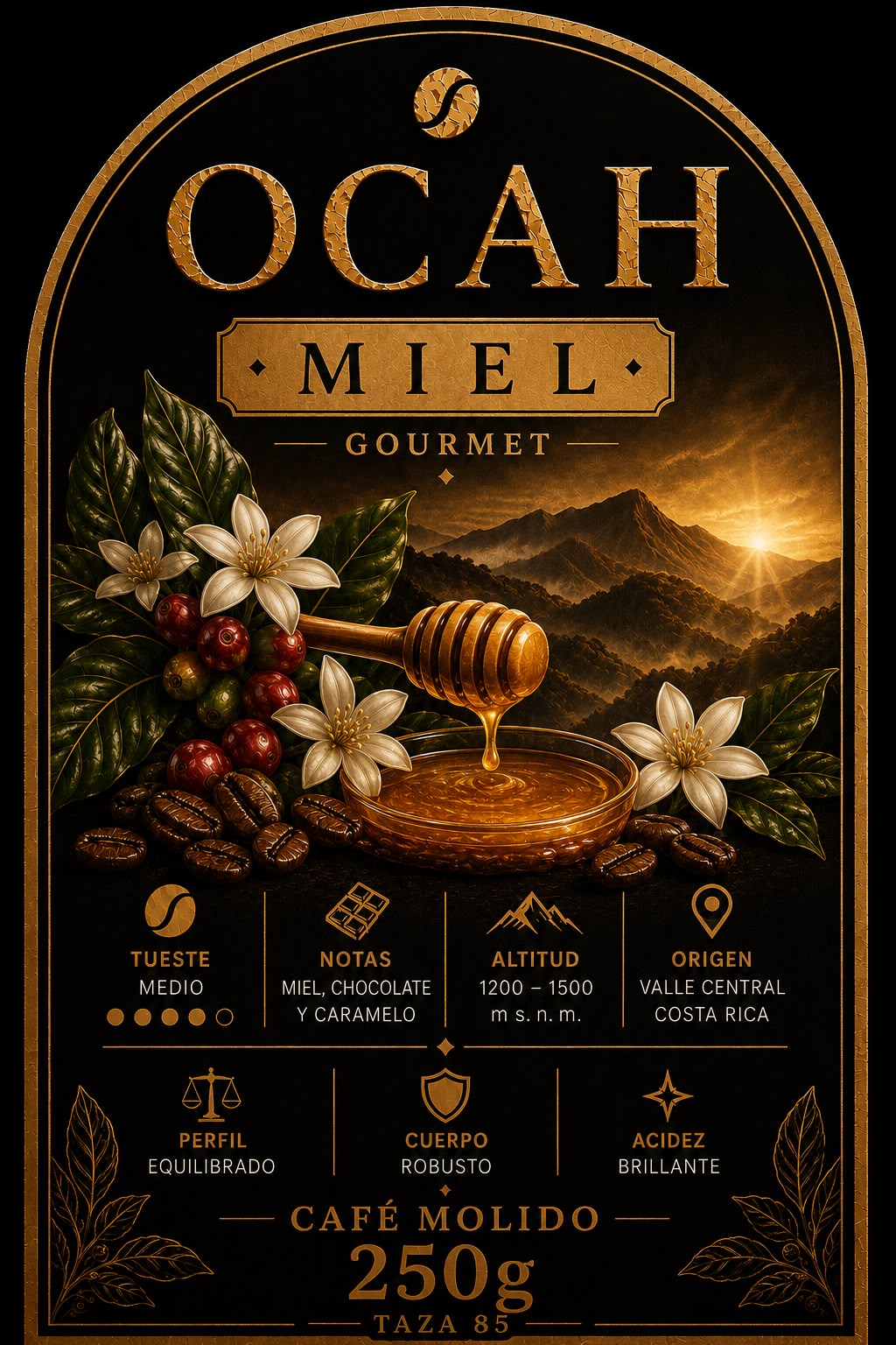 Paquete de café de alta gama de GrupoBerith, con miel y Geisha, en envase con etiqueta OCAH Miel de 250 g molido.
