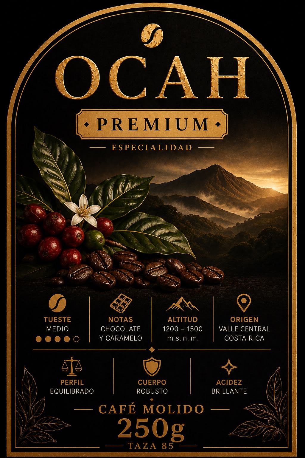Paquete de café premium GrupoBerith con miel y Geisha, etiqueta OCAH, molido de 250 g, alta gama y sabor sofisticado