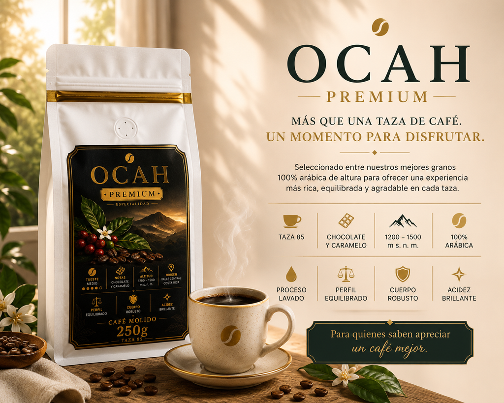 Taza de café de especialidad OCAH Premium de GrupoBerith, con empaque elegante y diseño distintivo en la imagen.