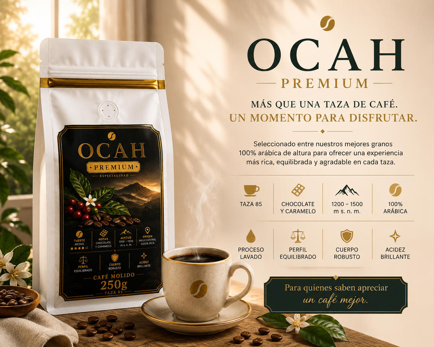 Taza de café de especialidad OCAH Premium de GrupoBerith, con empaque elegante y diseño distintivo en la imagen.