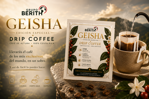 Café de grano Geisha Golden Cup 2025 de GrupoBerith, en filtros individuales, edición limitada para preparar café de alta calidad.