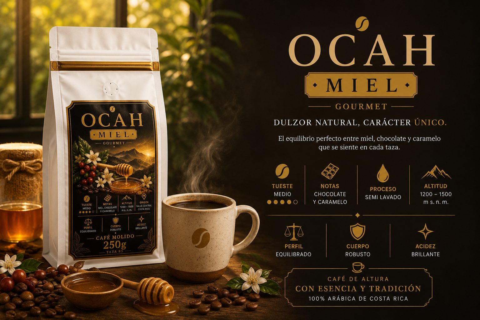 Taza de café de especialidad OCAH Miel de GrupoBerith, con apariencia apetitosa y aroma en una presentación atractiva.