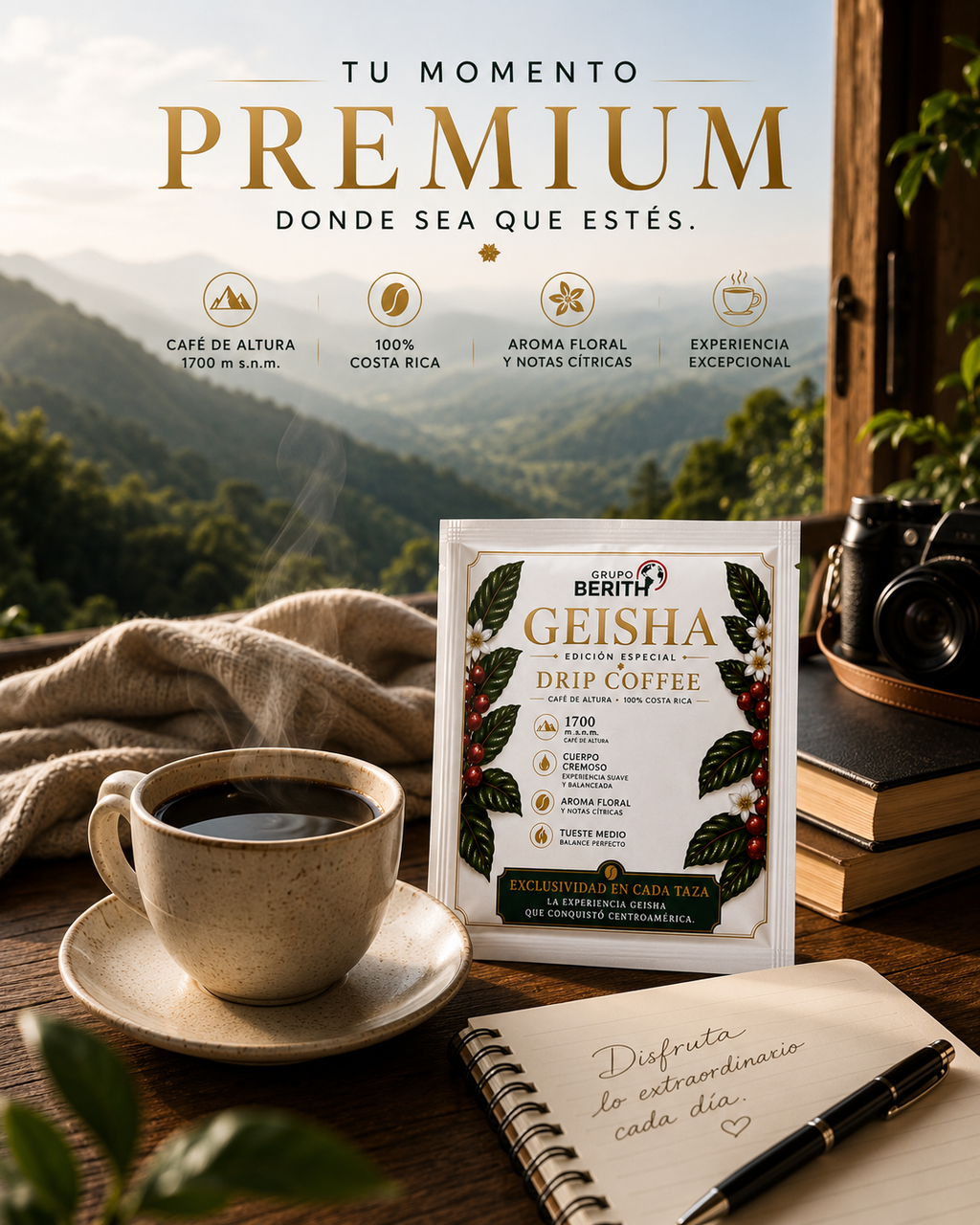 Café Geisha Golden Cup 2025 de GrupoBerith, en filtros individuales de edición limitada, preparado para un momento de disfrute.