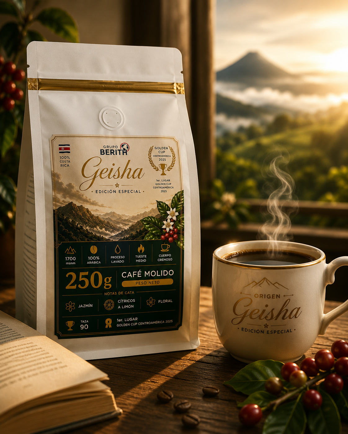 Café Geisha Edición Especial de GrupoBerith, ganador de la Copa de Oro Centroamérica 2025, en empaque de paquetería.