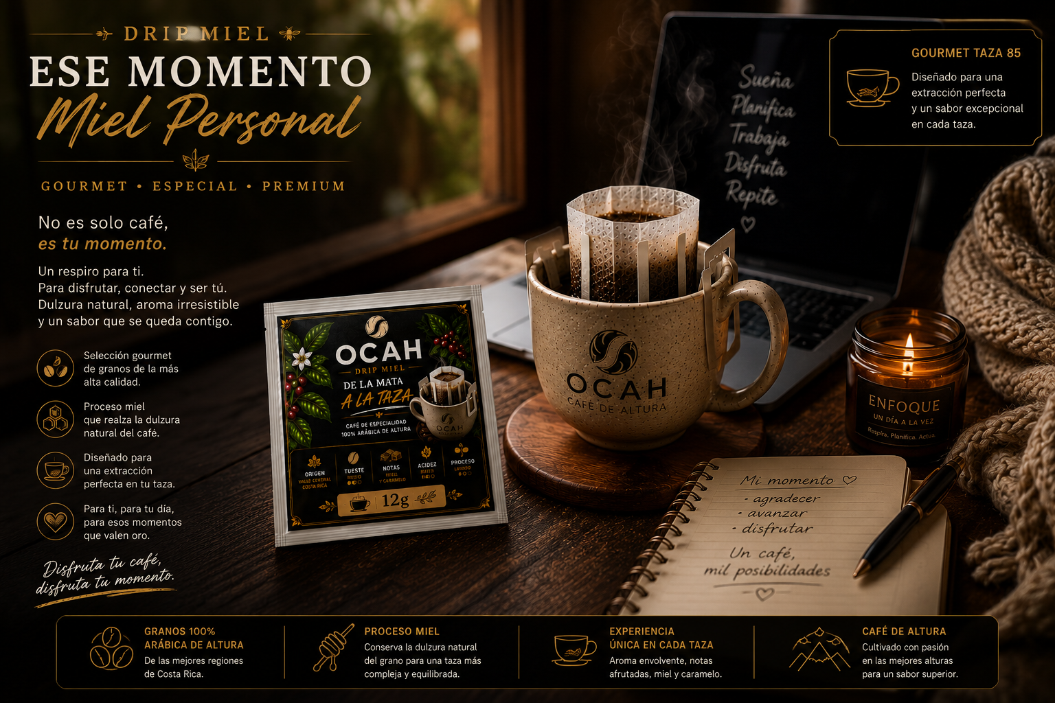 Café de goteo OCAH Miel de GrupoBerith en taza, filtros individuales con proceso Honey, aroma y sabor suave y dulce