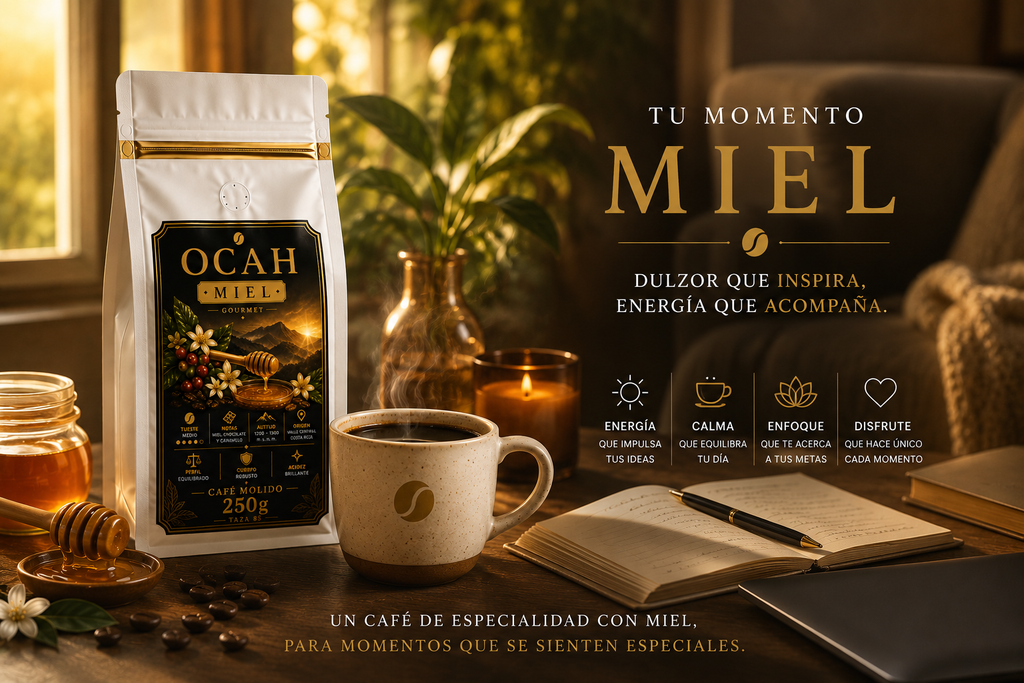 Taza de café de especialidad OCAH Miel de GrupoBerith con diseño de miel y paquete, ideal para disfrutar en momentos especiales.