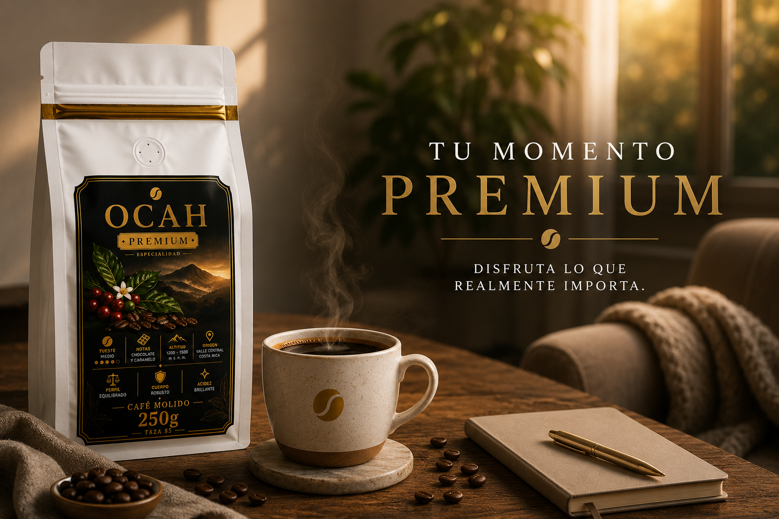 Taza de café OCAH Premium de GrupoBerith, café de especialidad en paquete, con diseño elegante y detalles visibles.