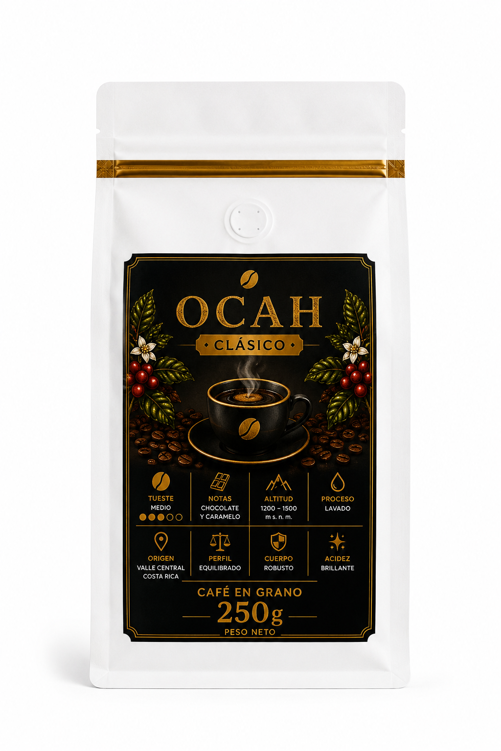 Paquete de café OCAH de GrupoBerith, incluye variedades Clásico, Premium y Miel en una presentación de paquete.