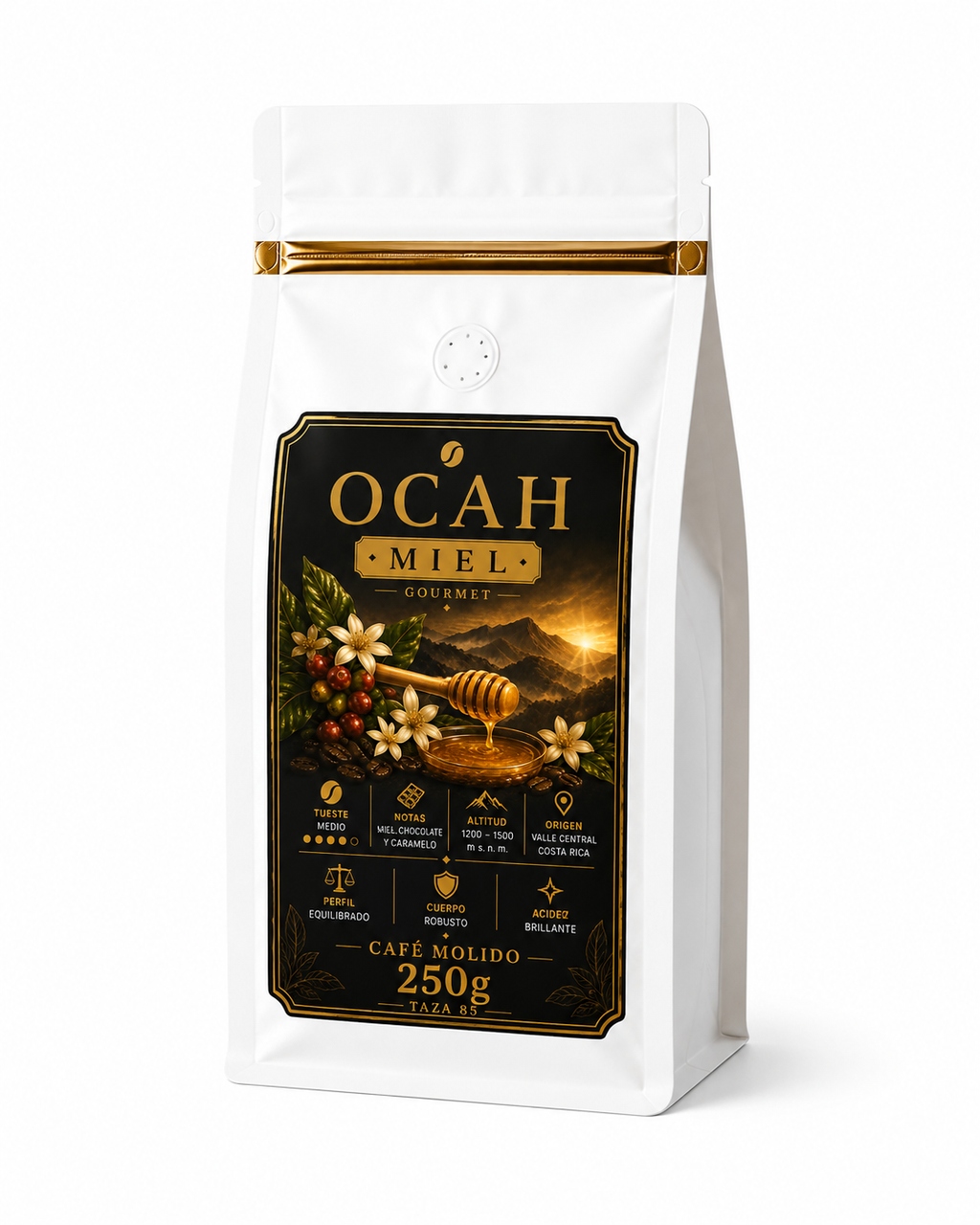 Paquete de café premium de GrupoBerith con miel y Geisha, presentación en paquete con ingredientes de alta calidad.