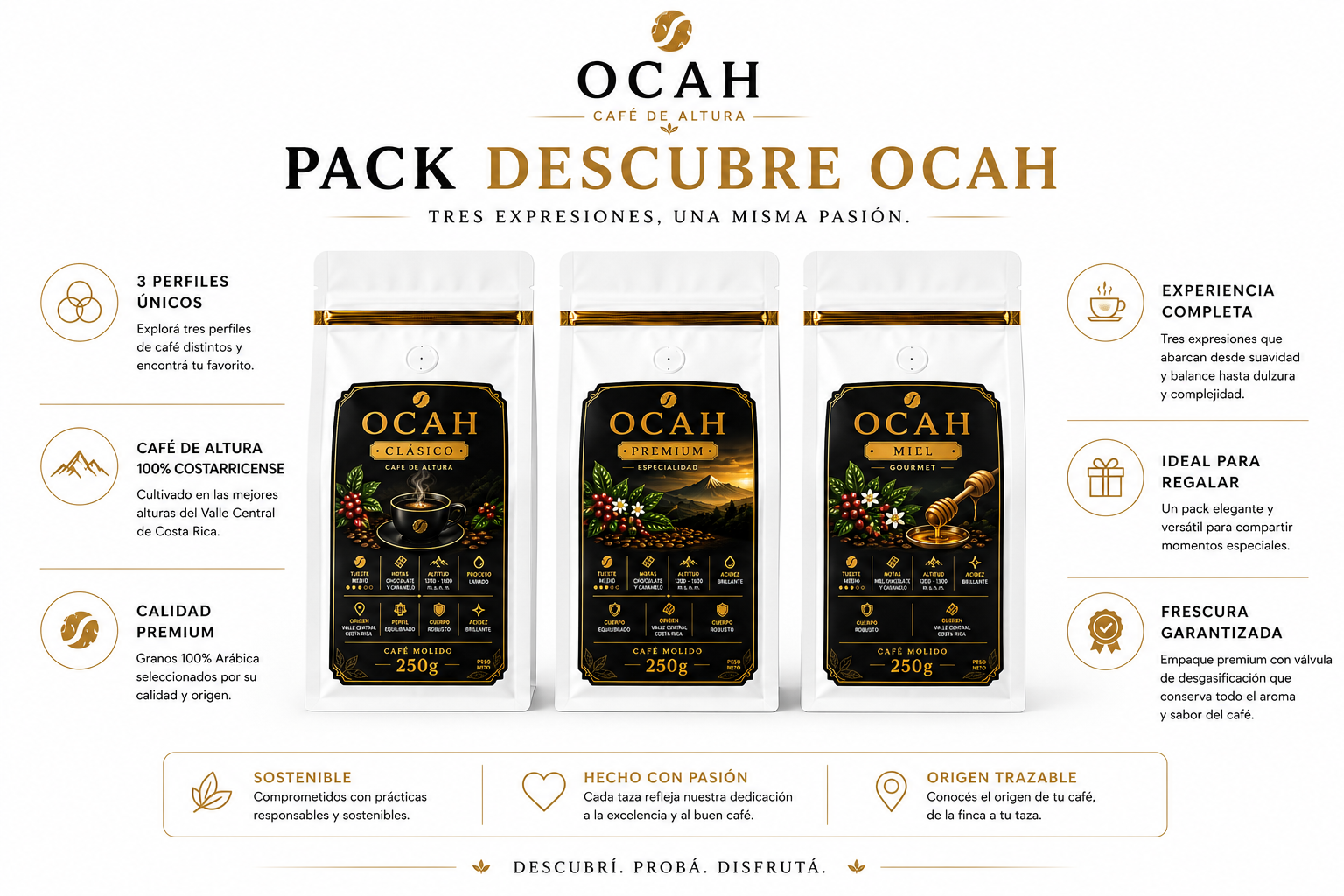 Paquete de café GrupoBerith Descubrí OCAH con variedades Clásico, Premium y Miel en envases individuales.