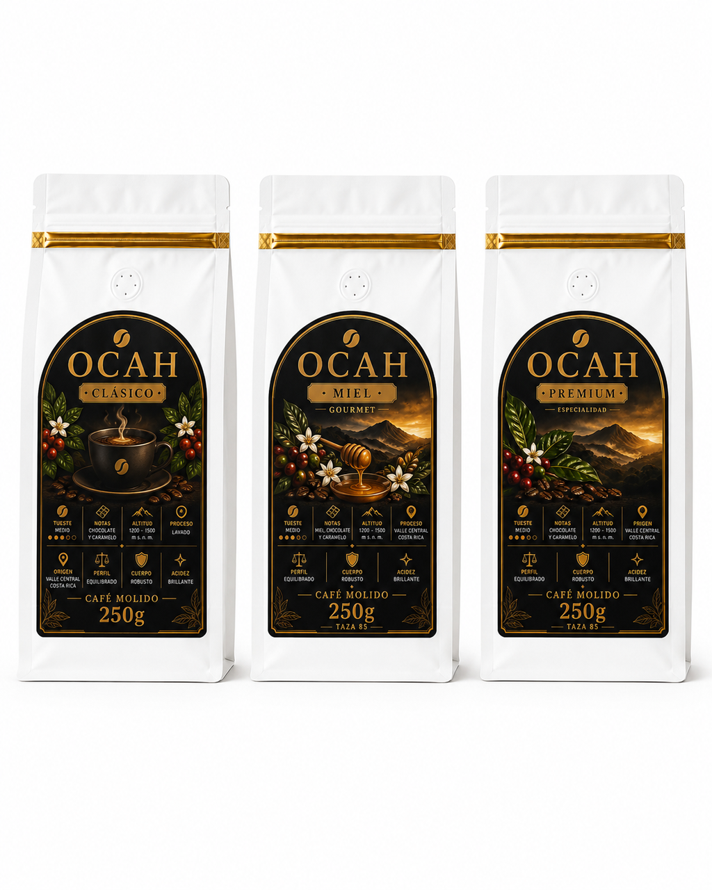 Pack de café OCAH de GrupoBerith con variedades Clásico, Premium y Miel, en fondo blanco.