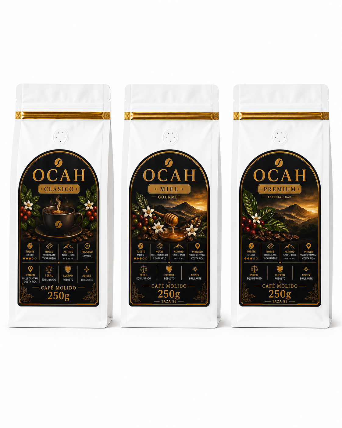 Pack de café OCAH de GrupoBerith con variedades Clásico, Premium y Miel, en fondo blanco.