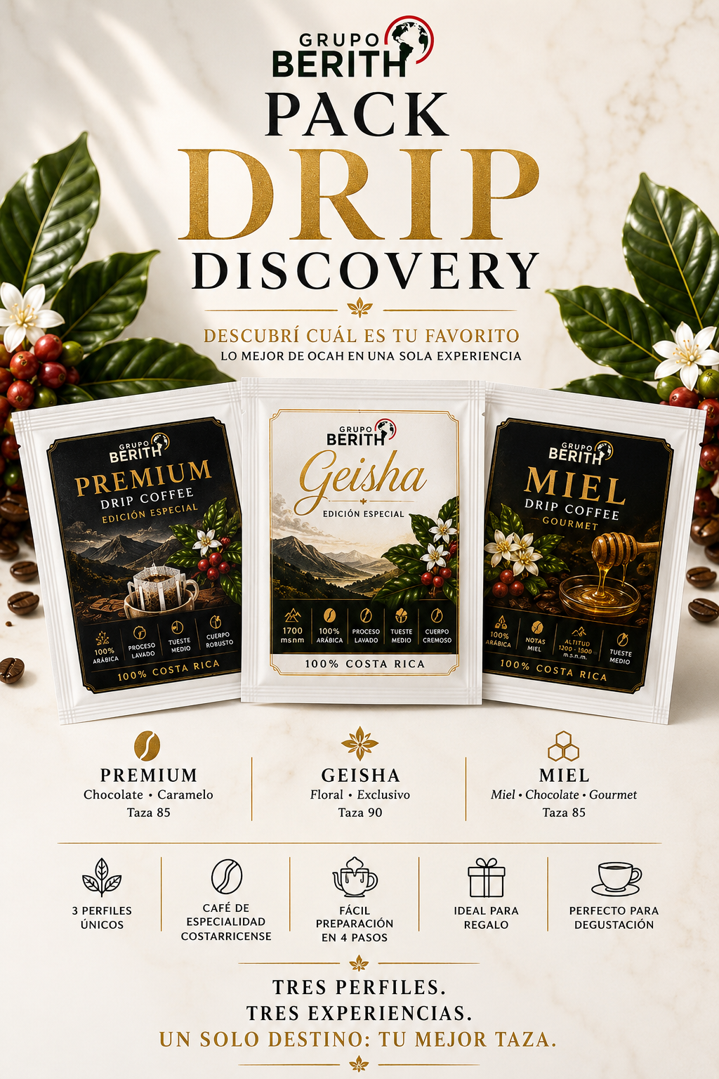 Pack de degustación de café Geisha en trilogía drip de GrupoBerith, selección gourmet y premium para amantes del café.