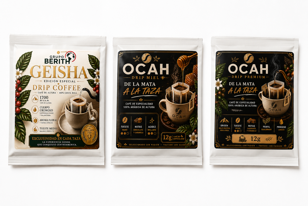 Pack de degustación de café Geisha de GrupoBerith, trilogía drip gourmet y premium en fondo blanco.