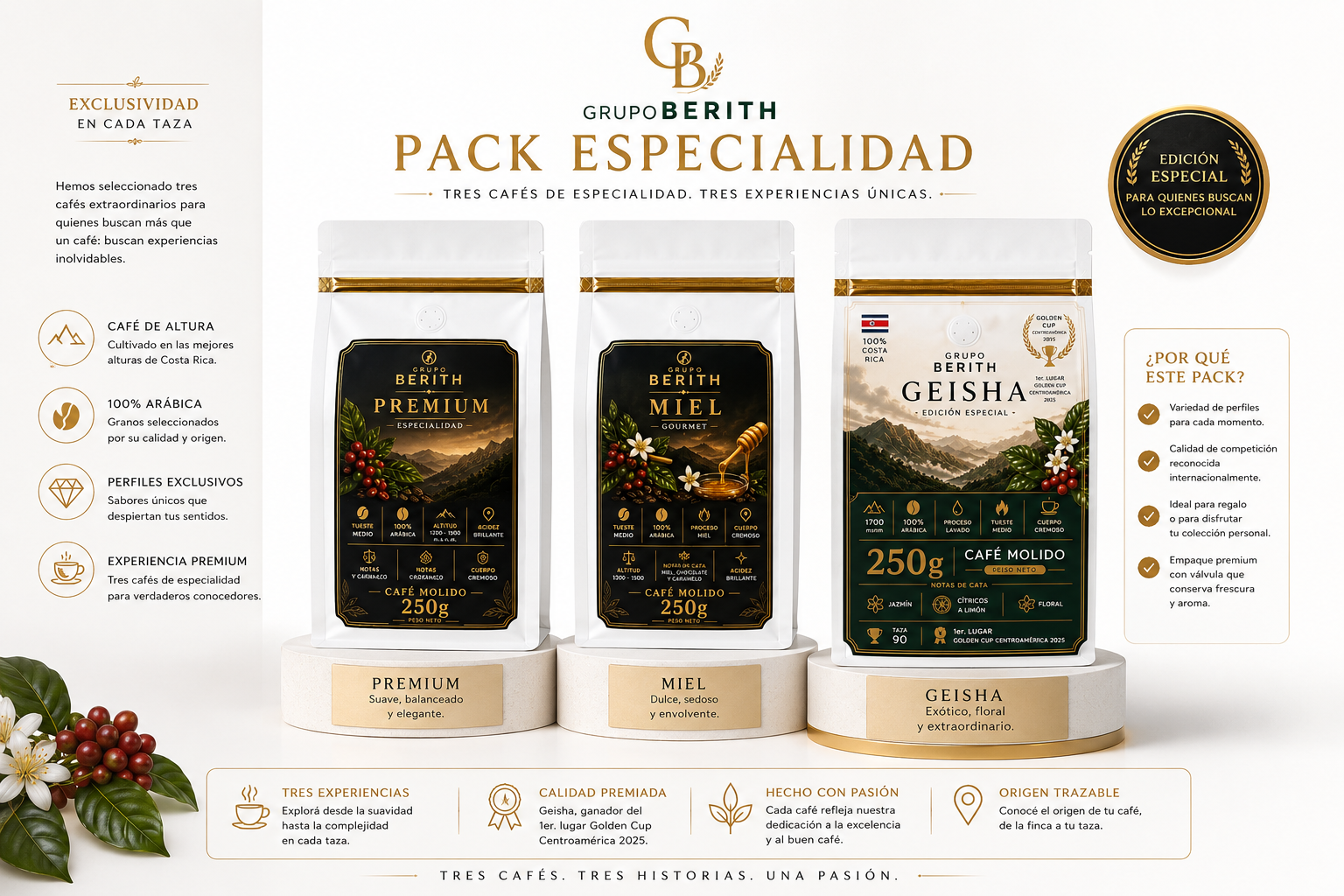 Pack de café de especialidad GrupoBerith con variedades Premium, Miel y Geisha en presentación de alta gama.