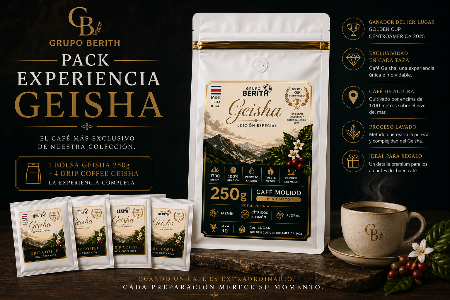 Paquete de café Geisha de alta gama de GrupoBerith, muestra las bolsas de café premium con detalles elegantes.