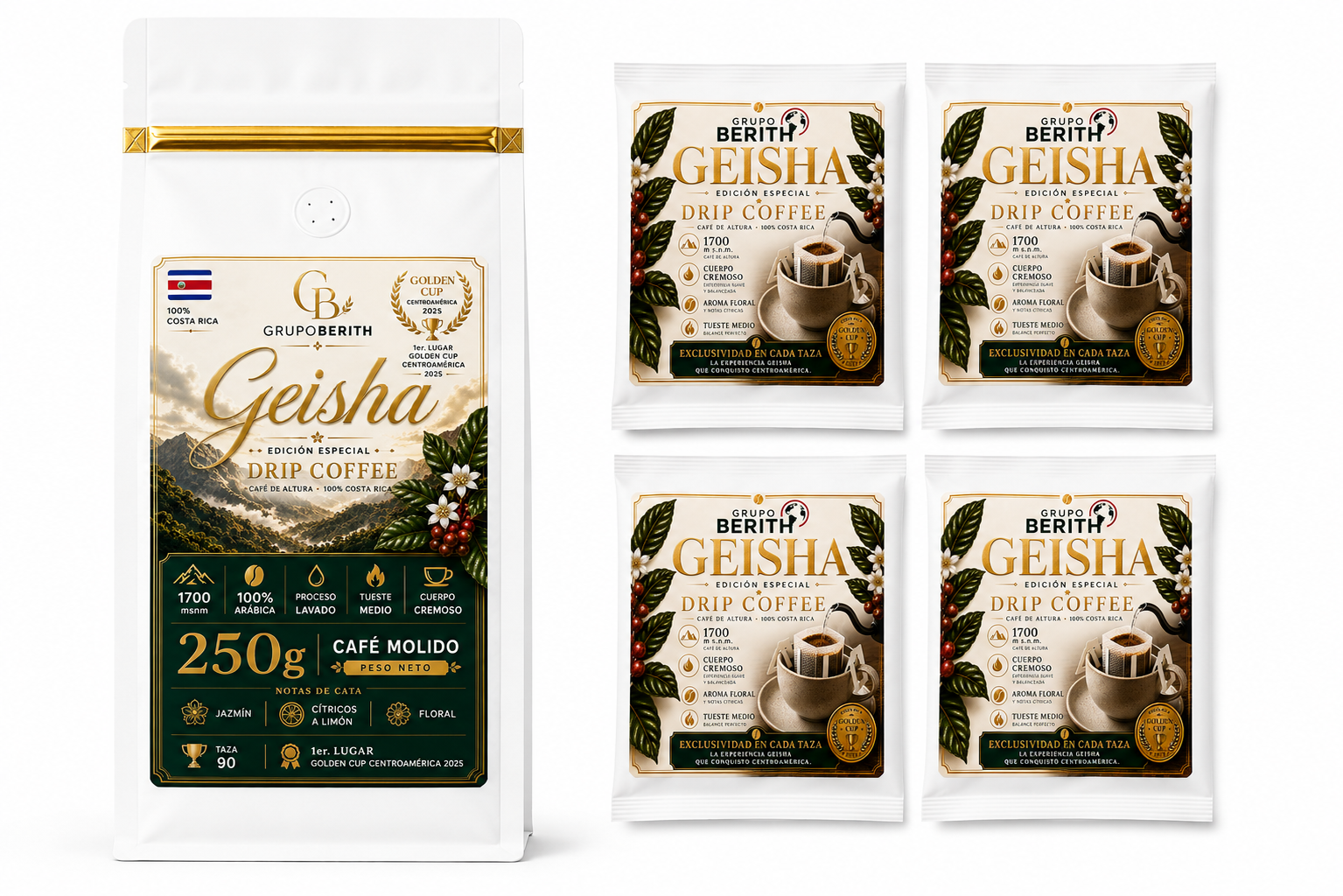 Paquete de café Geisha de alta gama de GrupoBerith, con variedad de granos y accesorios en fondo blanco.