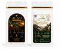 Paquete de café Geisha Golden Cup de OCAH Premium en caja de colección, con granos de café de alta calidad.
