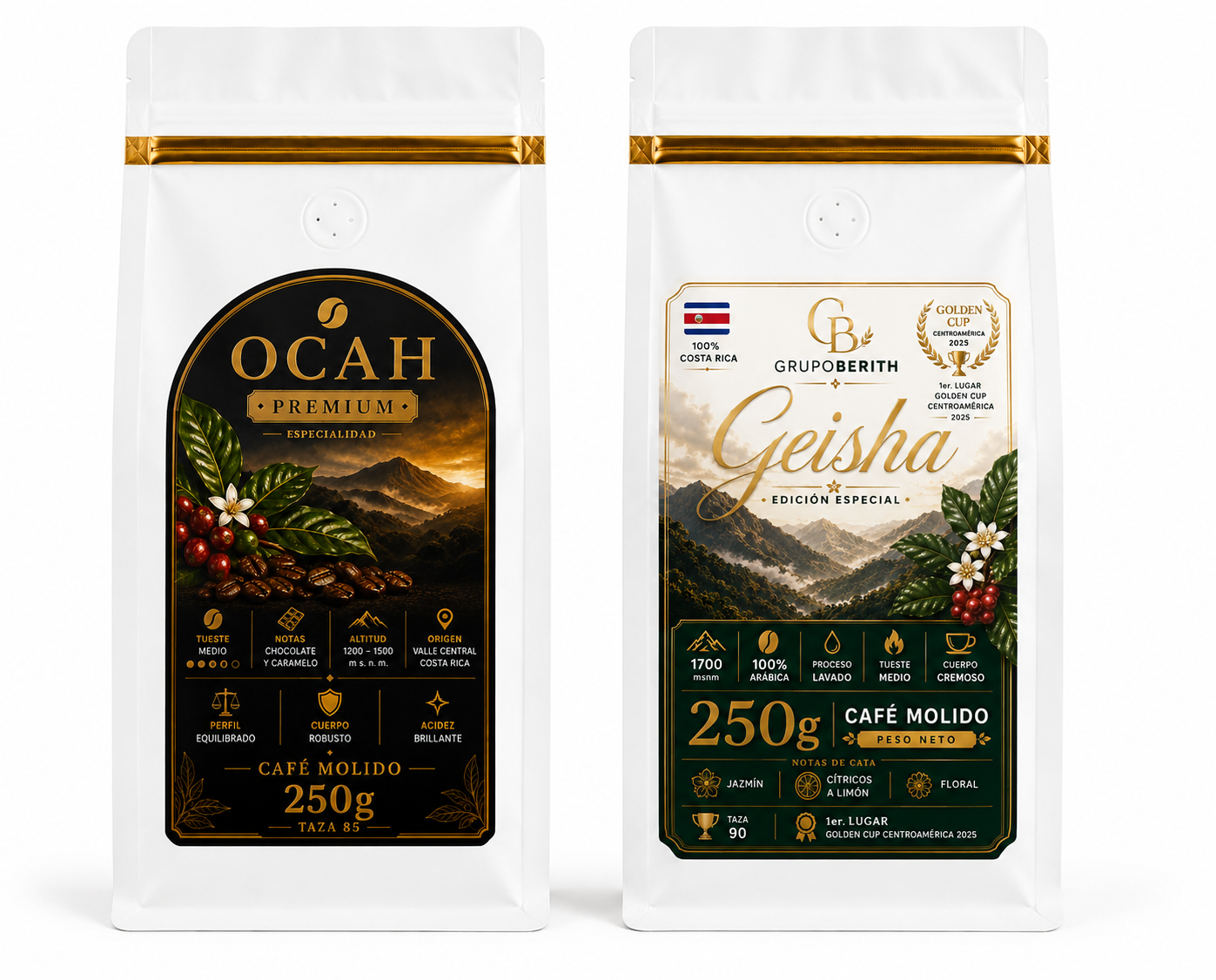 Paquete de café Geisha Golden Cup de OCAH Premium en caja de colección, con granos de café de alta calidad.