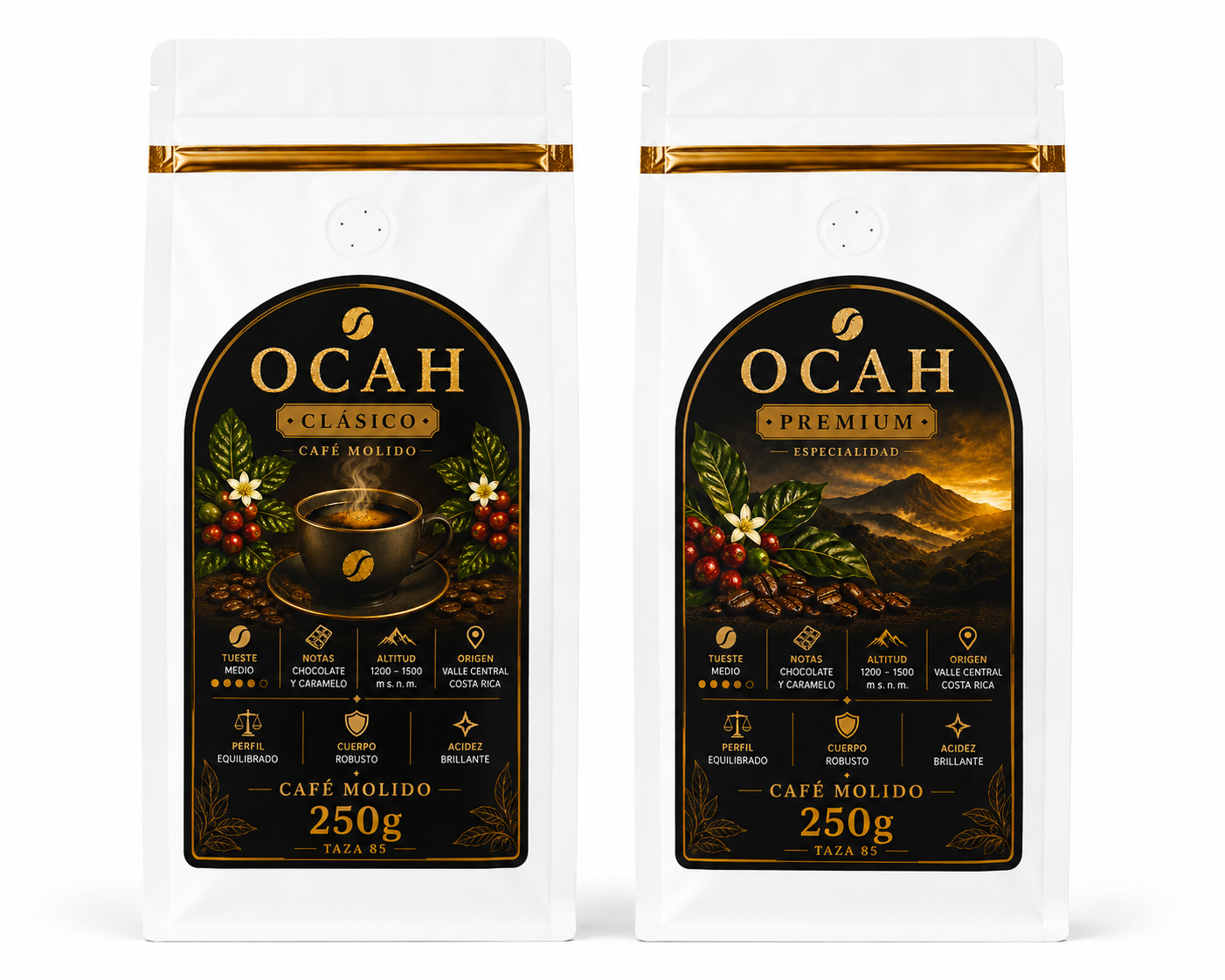 Paquete de café OCAH Clásico y Premium de GrupoBerith, con granos de café en fondo blanco, ideal para amantes del café.