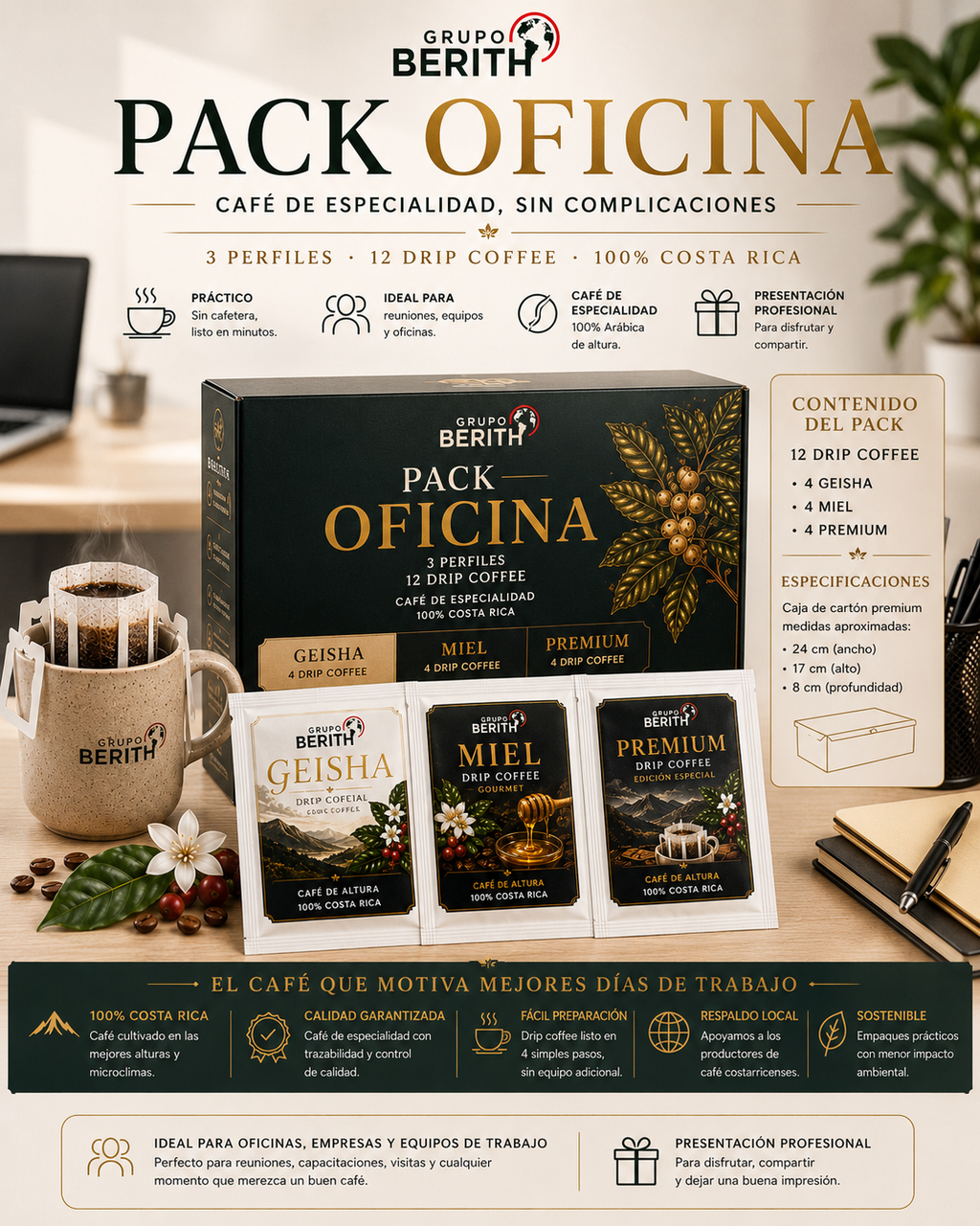 Paquete de 12 cafés en gotas OCAH-Geisha de GrupoBerith, kit de café corporativo de alta calidad para oficina.