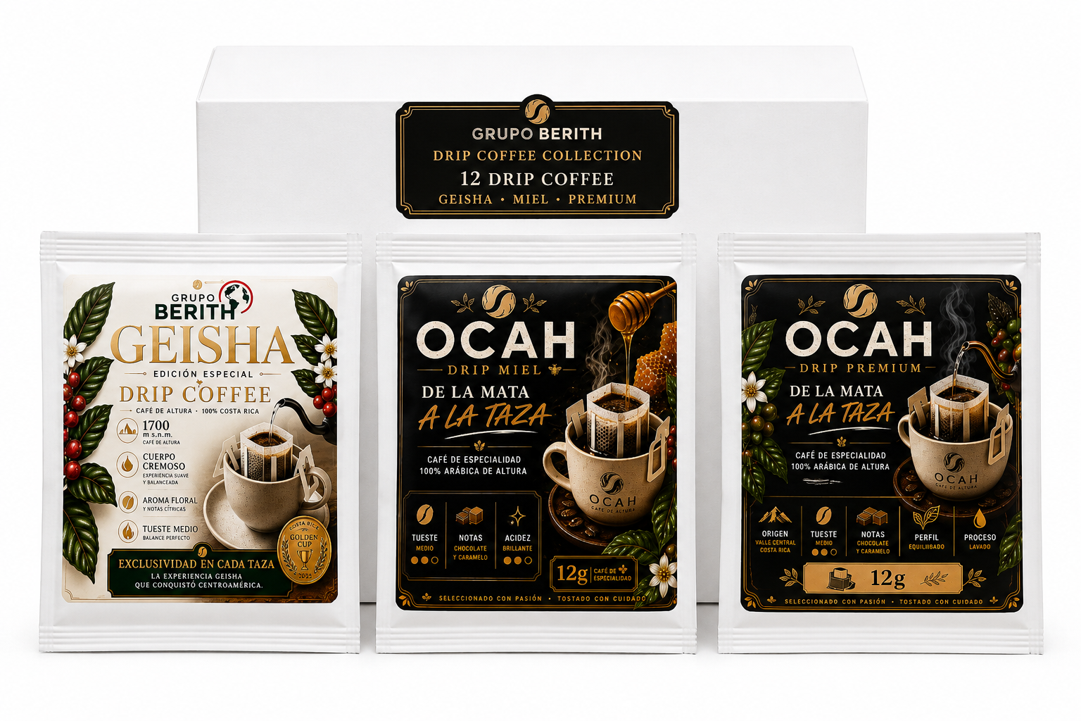 Paquete de 12 cápsulas de café OCAH-Geisha de GrupoBerith, ideal para oficina, con estilo elegante y diseño compacto sobre fondo blanco.