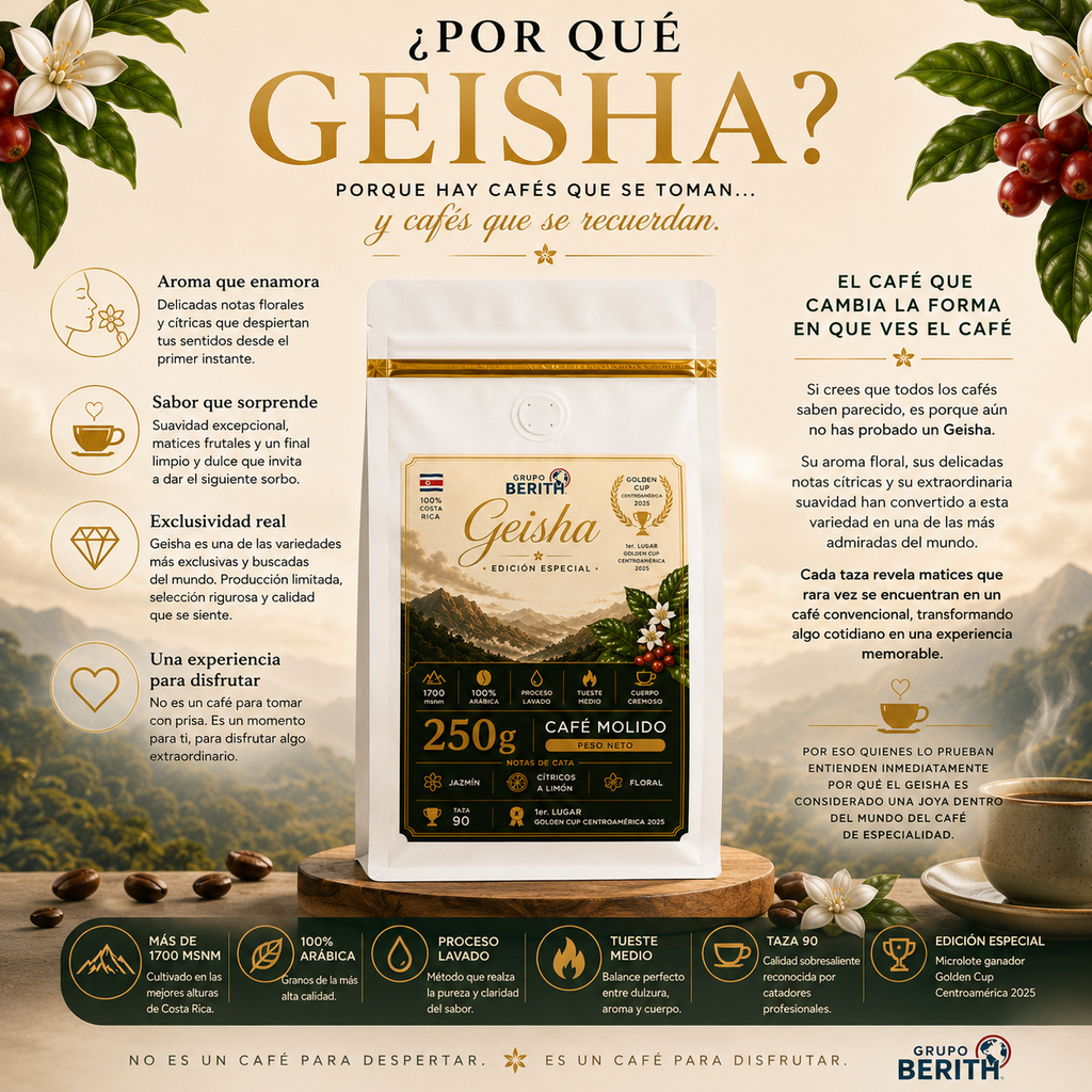 Café GrupoBerith Geisha en paquete especialidad con miel, parte de la trilogía de alta gama, imagen de café en taza con grano