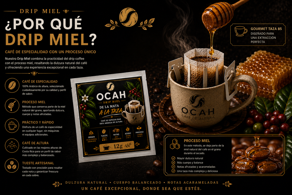 Pack de 12 cafés de goteo OCAH-Geisha de GrupoBerith, café corporativo premium en envase con miel y diseño elegante.