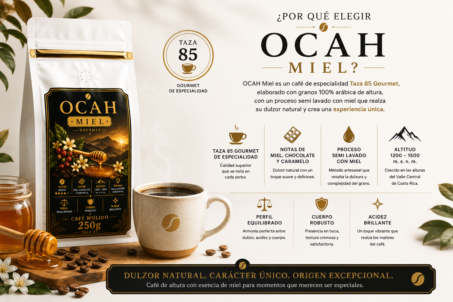 Paquete de café GrupoBerith con miel y Geisha, muestra la variedad de granos de alta calidad en la trilogía premium.