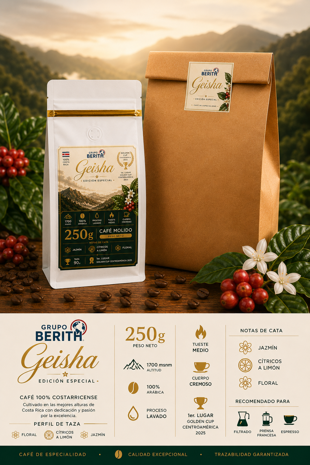 Café Geisha Edición Especial de GrupoBerith, ganador del Golden Cup Centroamérica 2025, en presentación general.