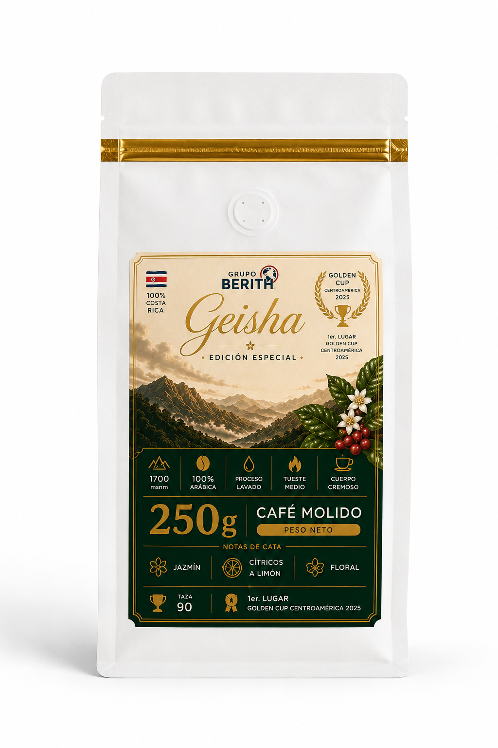 Paquete de café de alta gama GrupoBerith con mezcla Premium, Miel y Geisha en presentación sobre fondo blanco.