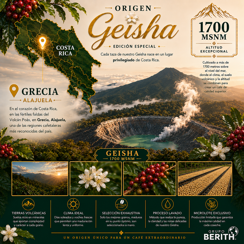 Café Geisha Edición Especial de GrupoBerith, ganador del Golden Cup Centroamérica 2025, en un entorno natural con plantas de café.